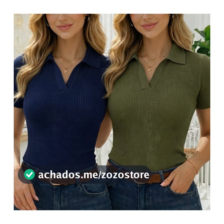 Kit 2 Blusas Polo Feminina Manga Curta Decote V Canelada Confortável