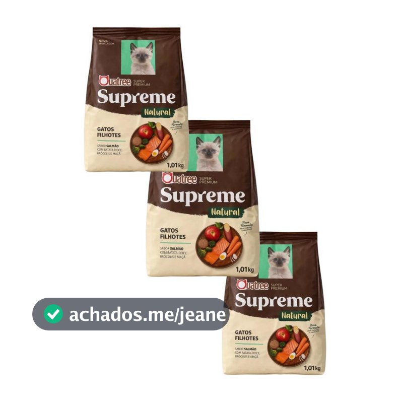 Kit 3 pacotes Ração de 1kg Quatree Supreme Gatos Filhotes Salmão Envio Imediato