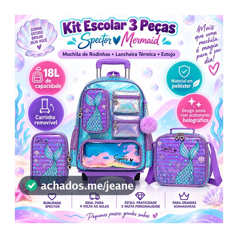 Spector Kit Completo Mochila Rodinhas Lancheira EstojoCalda Sereia Feminina Lilás