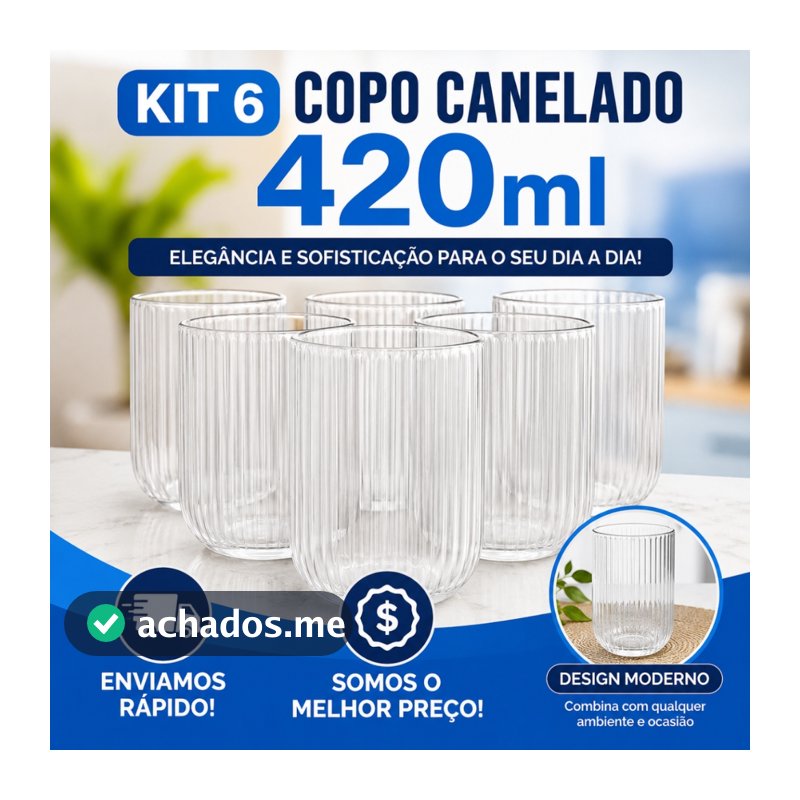 Jogo De Copos De Vidro Canelado Com 6 unidades Transparente Grosso Suco Agua Vitamina 420 ml