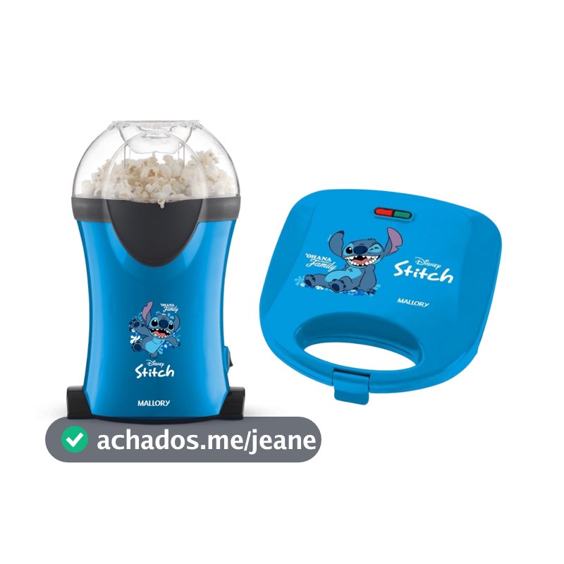 Kit Mallory Stitch Pipoqueira Elétrica 1200W Sem Óleo e Sanduicheira Elétrica 750W Antiaderente Azul