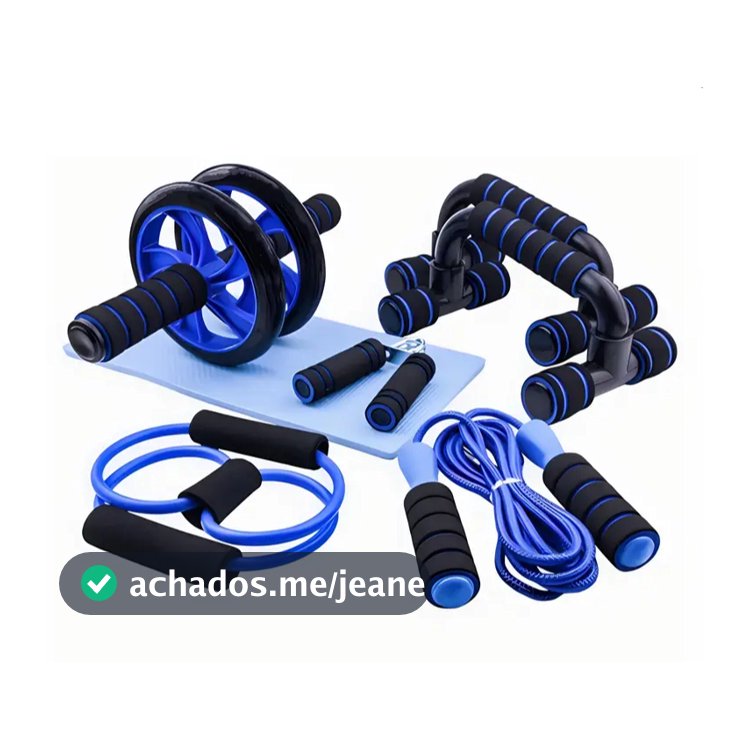 Kit Fitness 6 em 1 Roda Abdominal Flexão Corda Elástico Hand Grip Tapete Treino em Casa