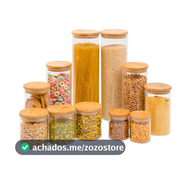 Kit 11 potes de vidro com tampa de bambu herméticos redondos - Tüd