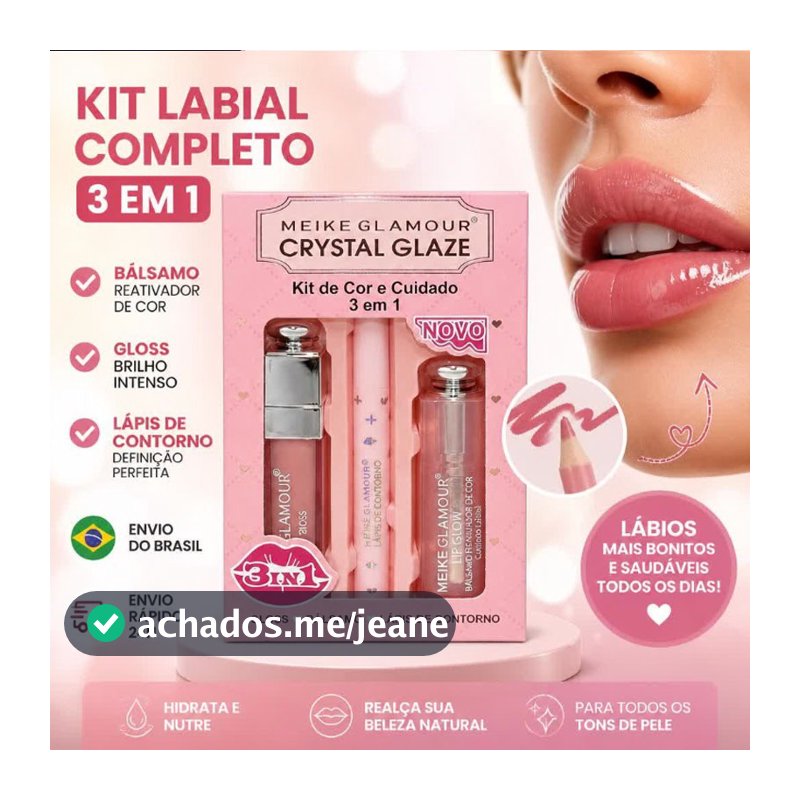 Kit 3 em 1 Lip Glow MEIKE GLAMOUR – Gloss Labial + Balm Hidratante + Lápis de Boca Longa MK378ção