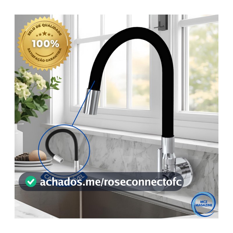 Torneira Parede Cozinha Gourmet Preta Flexivel 1/4 de Volta