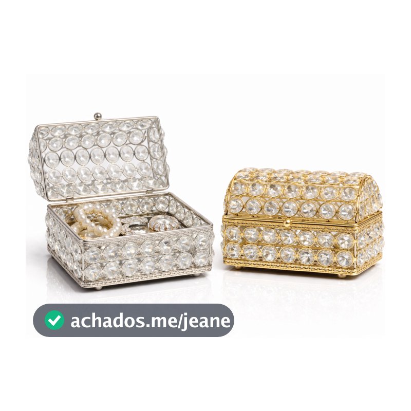 Porta Joias Baú Luxo em Metal com Cristais e Base Espelhada 13cm – Organizador Decorativo Premium