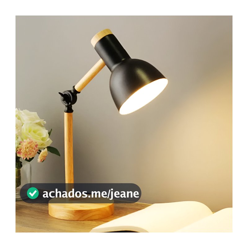 Luminária Preta De Mesa Retratil Wood Com Base De Madeira Luz E27 Luminaria de Mesa Decoração Casa
