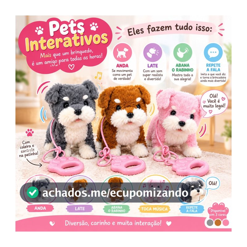 Pelucia Pet Filhotes Cachorrinho e Gatinho que Andam Late Lambe Abana o Rabo Fala Toca Musica Filhotinhos