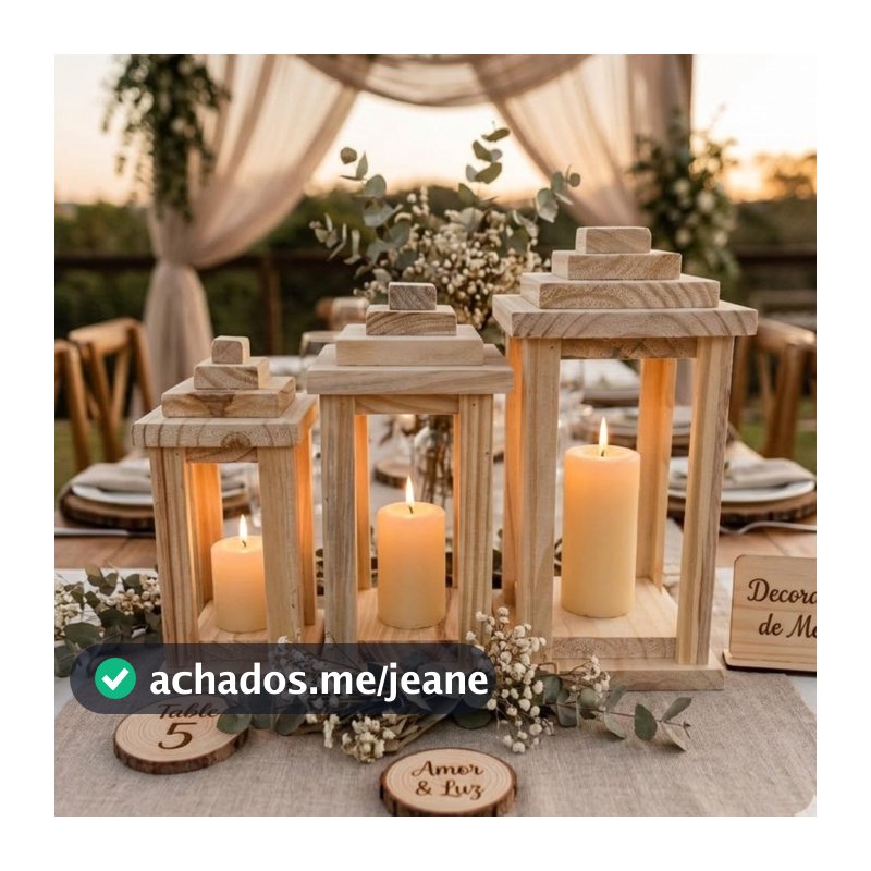 Lanternas Decorativas Madeira Pinus Rústica Kit 3  Luminária de Chão para Casamento, Decoração e Eventos