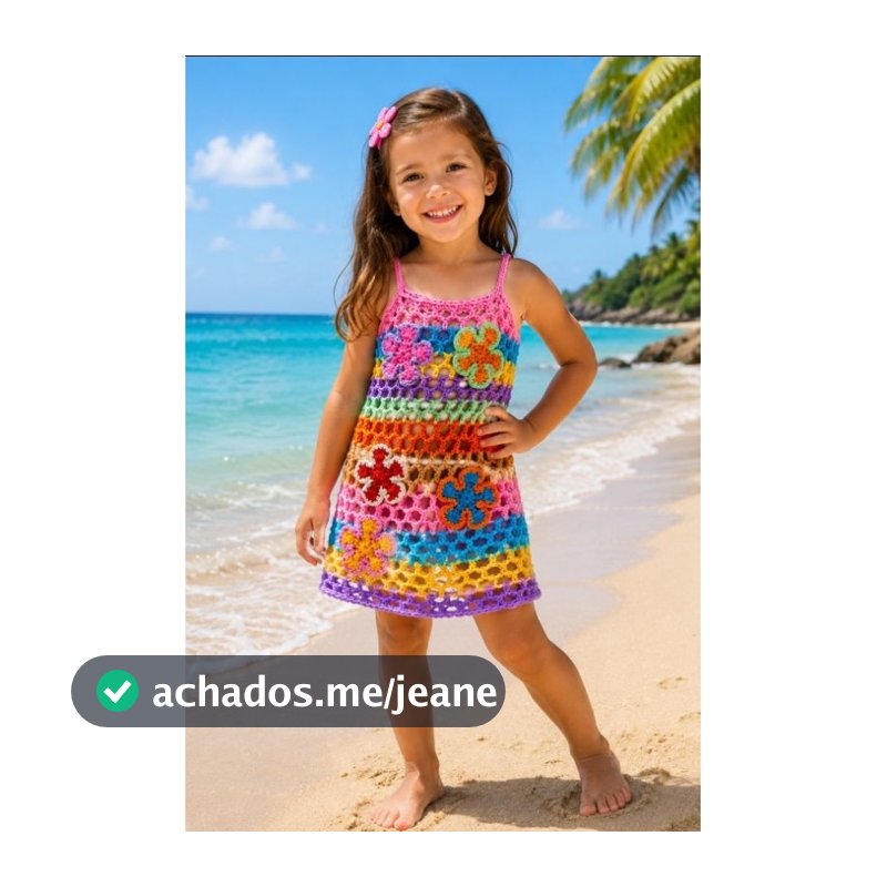 Vestido/saída de praia Infantil de Crochê Moda Praia Colorido com Flores 3D | Menina 6 a 12 Anos luxo