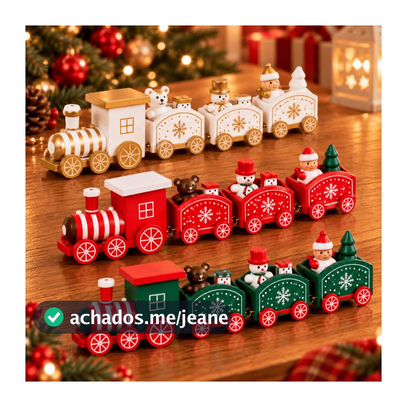 Trem de Natal Decorativo em Madeira com 3 Vagões Enfeite para Decoração Natalina