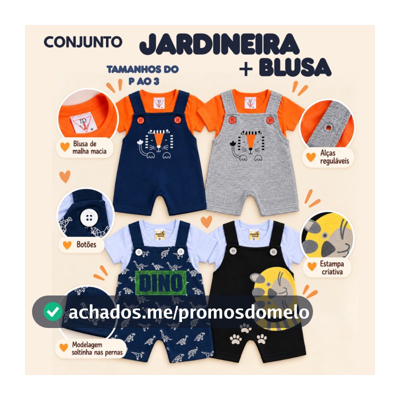 Conjunto Jardineira Masculina Para Meninos Estampa de Leão com Camiseta de Algodão