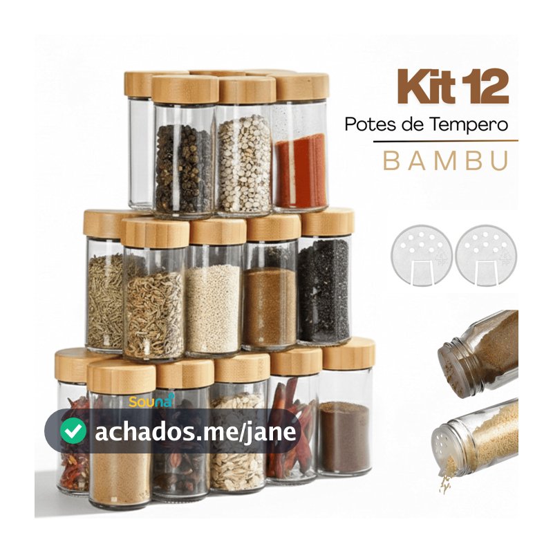 Kit 12 Potes Temperos De Vidro Tampa Bambu Porta Condimentos Sal Pimenta Cozinha Restaurante Bar