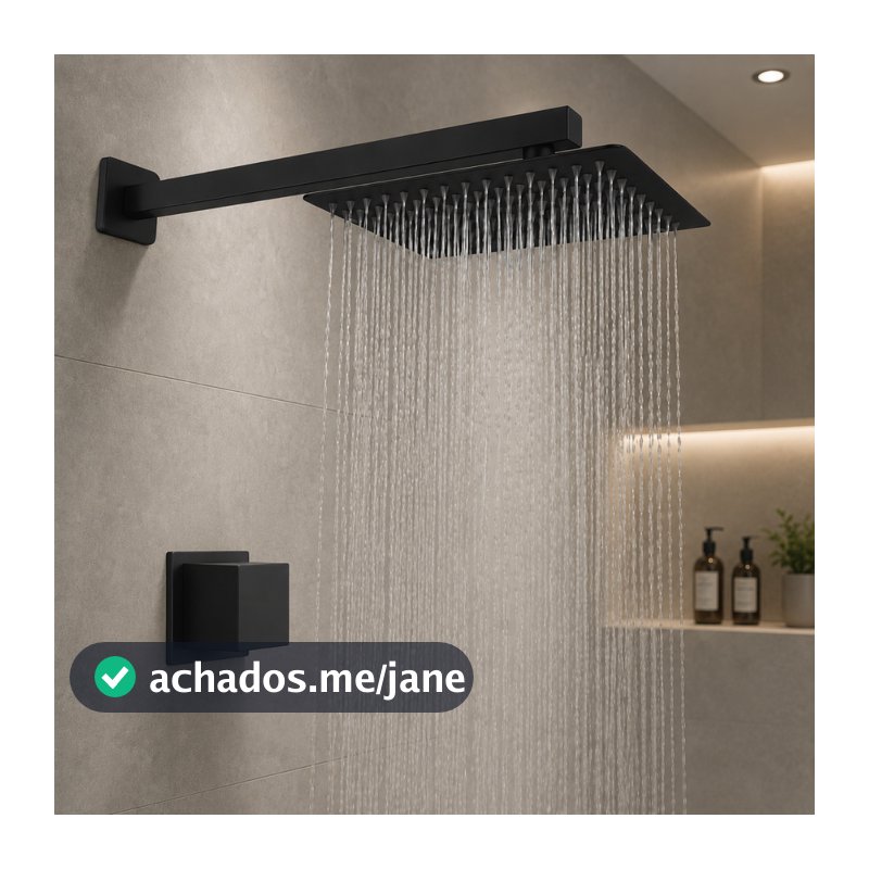 kit Chuveiro Inox Quadrado 20x20 Preto Articulado com Acabamento para Banheiro, Piscina Área Externa