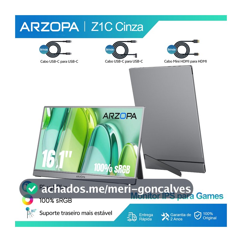 Arzopa Z1C Cinza-Monitor Portátil Com Suporte 100 % sRGB De 16.1 " , 1080P FHD Tela De Extensão De USB C HDMI Para PC