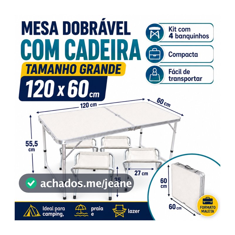 120x60cm Mesa Dobrável COM CADEIRA Portátil Vira Escrivaninhas e Mesas Maleta Camping Praia