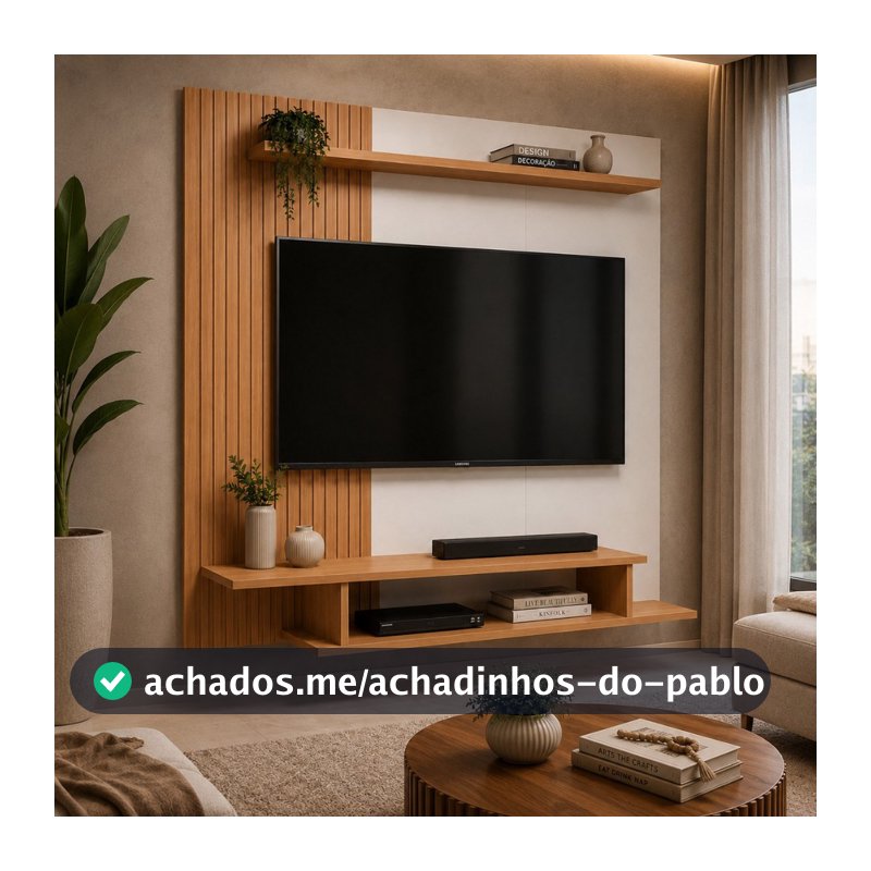 Painel Para TV Até 55 Polegadas Ripado Suspenso Moderno Com Prateleira E Nicho