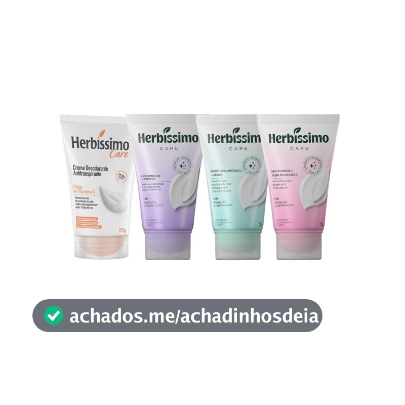 Kit Desodorante Creme Antitranspirante Herbíssimo Care Bisnaga | Rosa Mosqueta + Monoí + Coco + Linhaça 55g (4 unidades)