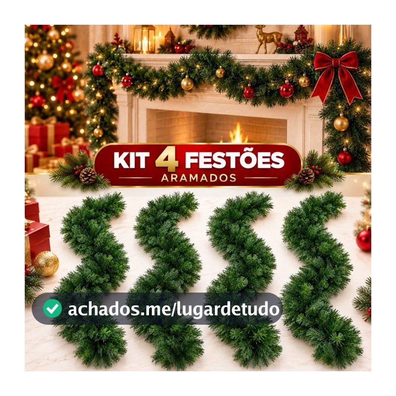 4 Un. Festão Aramado Grosso Flexível Natal Luxo 270cm 300 Galhos Decoração NatalPremium Cheios Flexível Porta Lareira