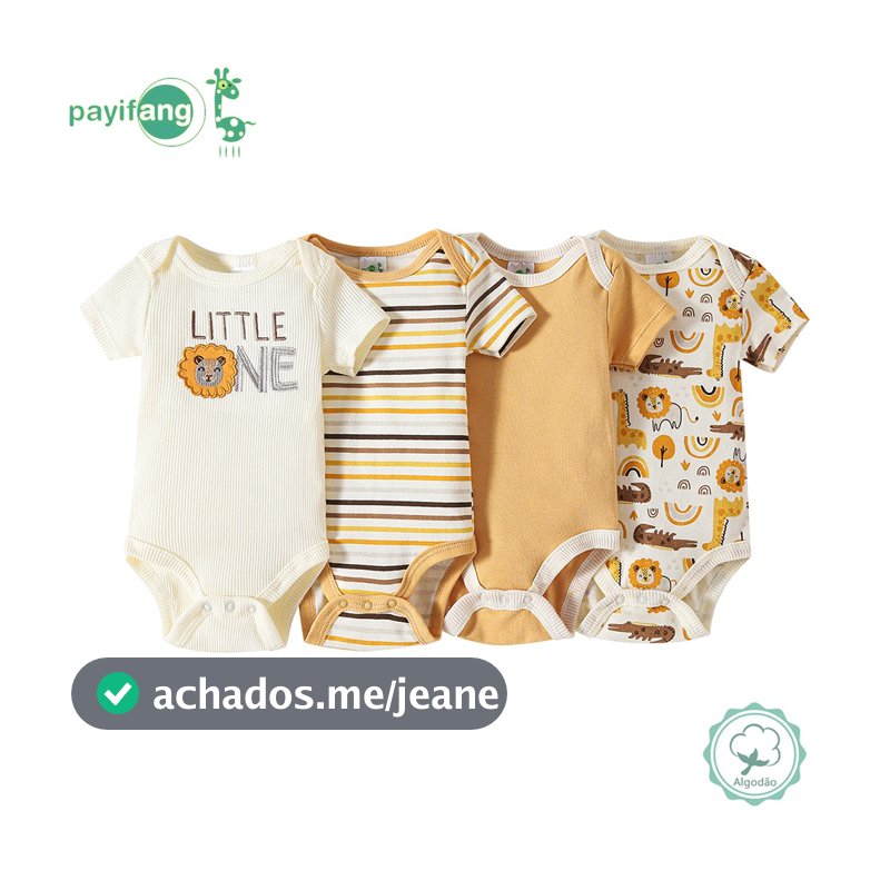 Kit 4 Body de Bebê Manga Curta 100% Algodão Estampado Leão Girafa Macio Confortável Uso Diário