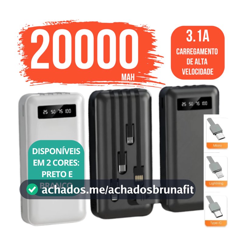 Carregador Power Bank 20000mah Portátil de celular Universal Saida 4 Cabos
