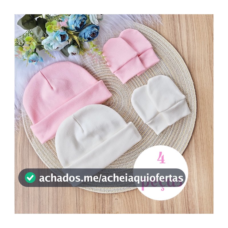 Kit com 2 Touca e 2 Luva Para Bebê Recém Nascido 100% Algodão Antialérgico Maternidade