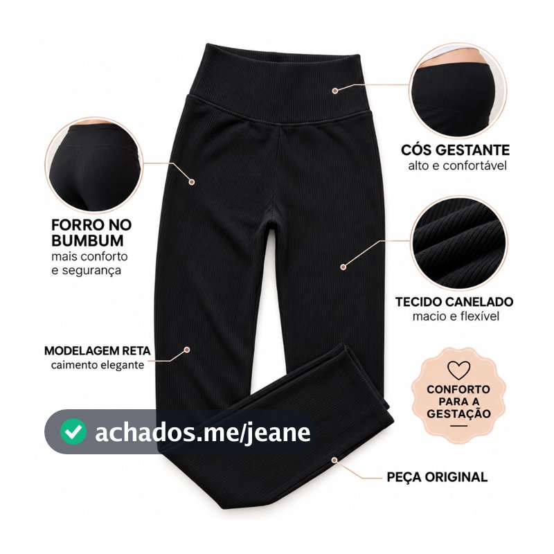 Calça para Gestante Reta Gestante Canelada Cós Alto Anatômico Fresquinha Grávida Com Forro Simple Mama