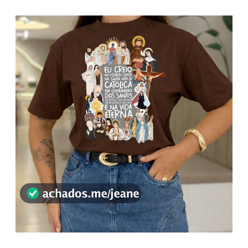 Camiseta Feminina Camisa Cristã e Gospel Eu Creio Católica Estampa Santos e Profissão 100% Algodão