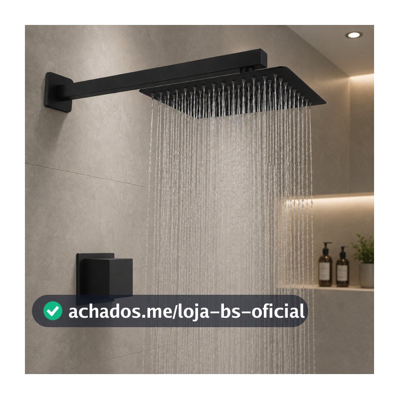 kit Chuveiro Inox Quadrado 20x20 Preto Articulado com Acabamento para Banheiro, Piscina Área Externa