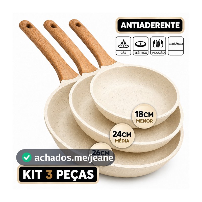 3 Frigideira 26cm e 24 cm e 18cm Creme Antiaderente Indução de Alumínio Revestimento Cerâmico Premium Cabo Madeira