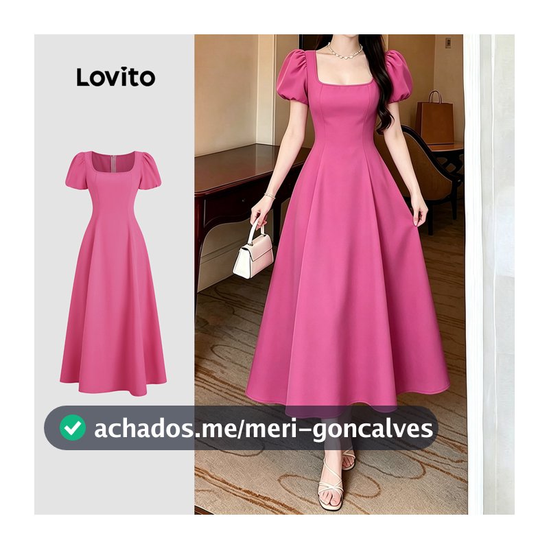 Lovito Vestido Casual de Manga Bufante Primavera/verão Vermelho Rosado para mulheres LK7ED103