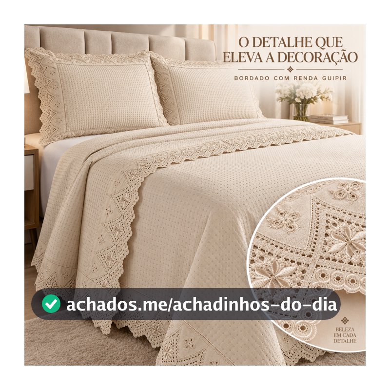 Kit 1 Cobre Leito Queen 2,60m x 2,40m Percal 300 Fios Bordado Renda Guipir e 2 Porta-Travesseiros