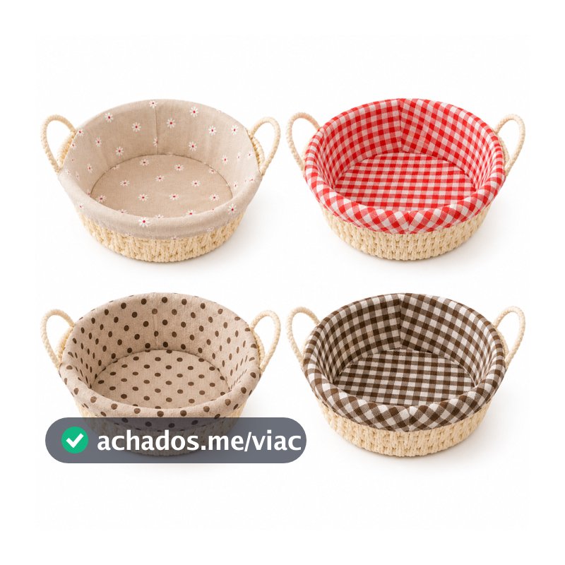 Cesto de Pão Redondo Para Café da Manhã com Tecido Forro e Alça Lateral Cozinha Multiuso