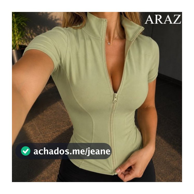 Blusa Feminina Academia Fitness Manga Curta Com Zíper Poliamida Secagem Rápida Treino Corrida