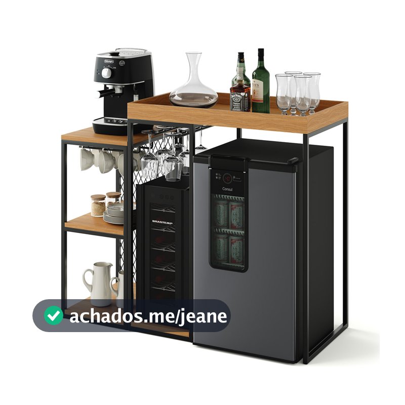 Aparador Bar Para Adega Cervejeira e Frigobar Metal Industrial Cantinho do Café Preto e Dourado