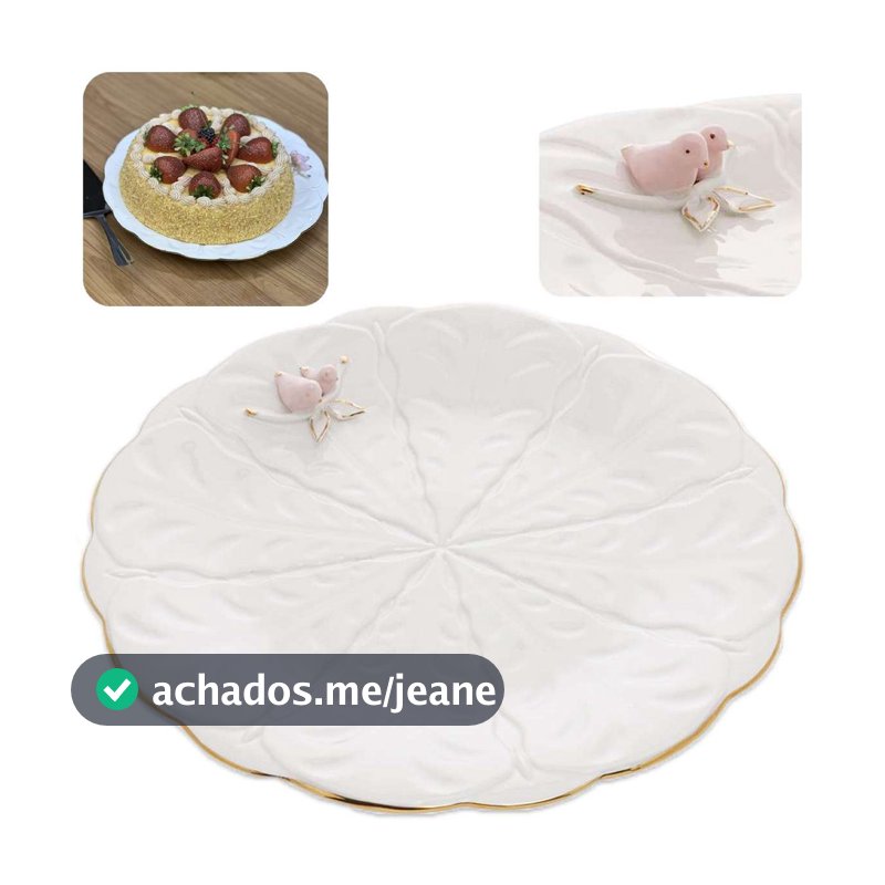 Prato De Porcelana Para Bolo 30cm Borda Dourada Birds Relevo Luxo Wolff