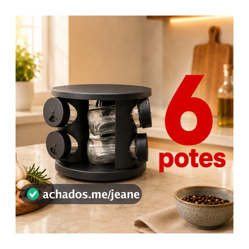 Porta Condimentos Giratório 360° com 6 Potes de Vidro – Organizador de Temperos Cozinha Preto