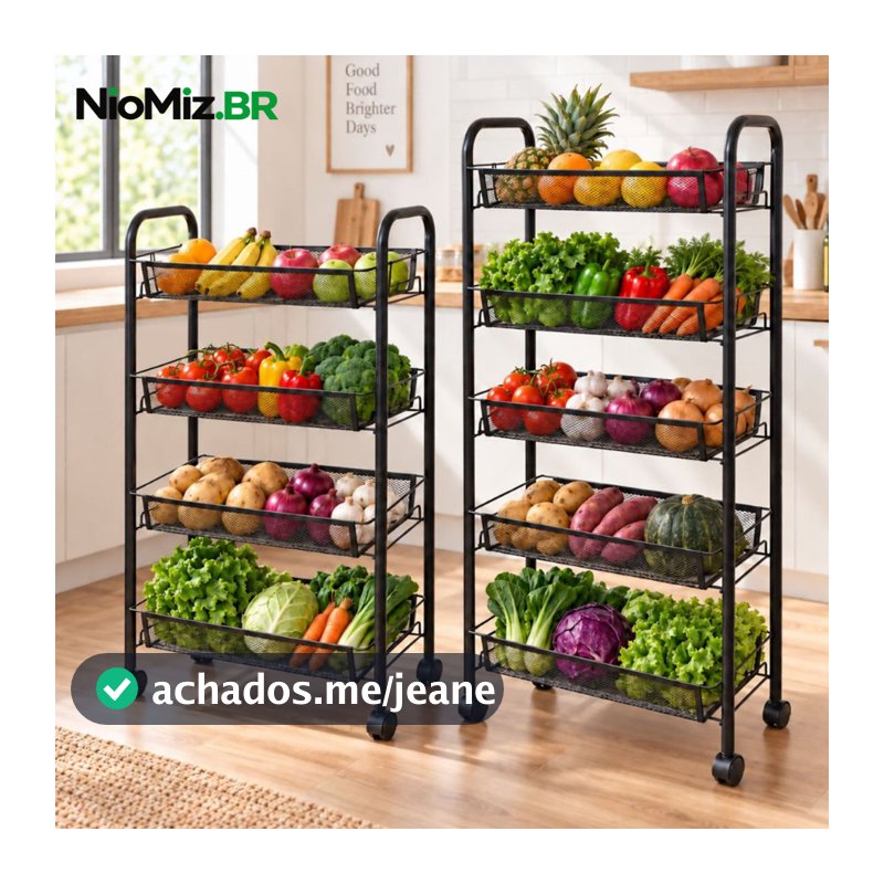Carrinho Organizador 3/4/5 Andares Com Rodinhas Multiuso em Aço Preto Branco para Frutas e Legumes