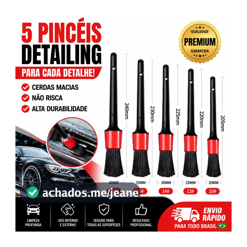 Kit 5 Escovas Pincéis Detalhamento Automotivo Limpeza Profunda Carro Moto Rodas Painel Saída de Ar Cerdas Macias