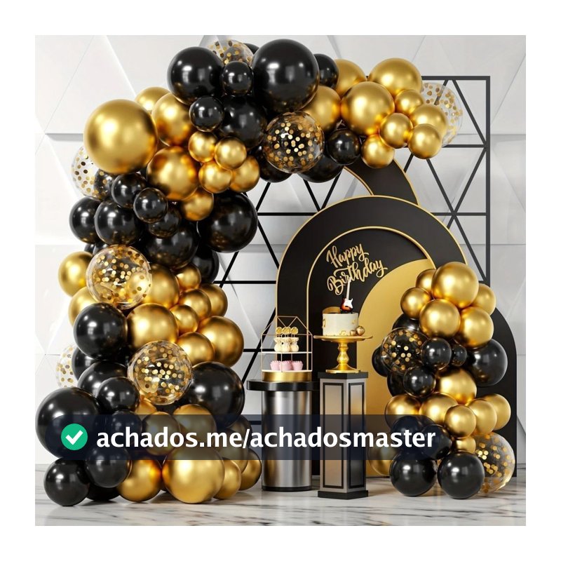 Kit Festa 145 Balões Luxo Preto Liso e Dourado Gold Cromado Metalizado Decoração Aniversario Arco Desconstruído + Fita