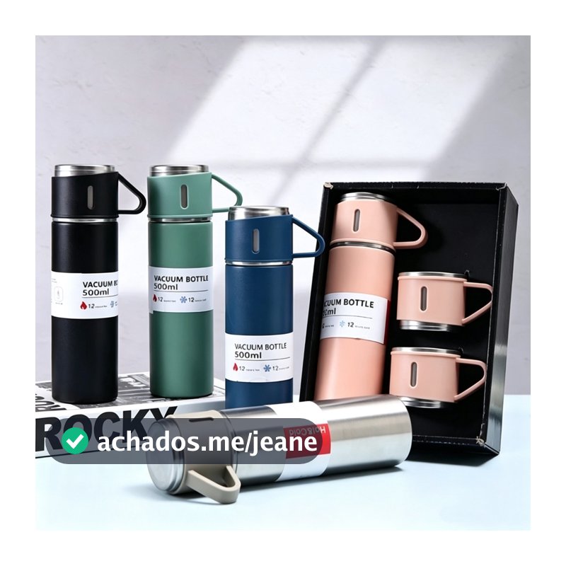 Kit Garrafa Térmica 500ml em Aço Inox com 3 Copos para Café Água Quente Fria Camping e Viagem