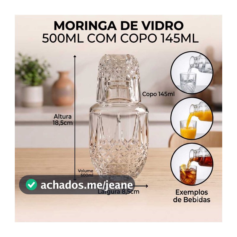 Moringa de vidro 500ml Com copo 145ml DESIGNER ALEATÓRIOS Jarra Água Suco Destilados