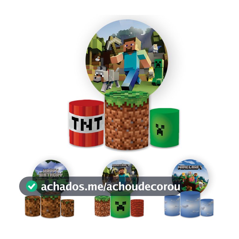 Capa Paineis de Festa Veste Fácil Redondo+ Cilindros Sublimados Tema Mnecraft Infantil Decorativo