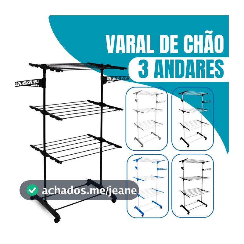 Varal De Chão 3 Andares Para Roupas e Calcinhas 4 Rodas Dobrável Reforçado e Portátil