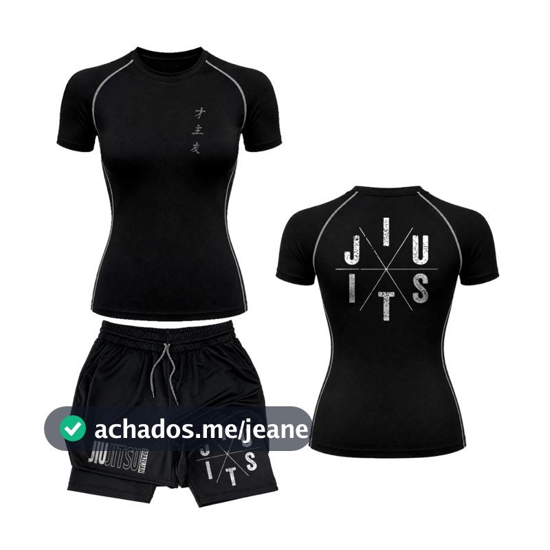 Kit Academia Feminino Camiseta Compressão Costura Inversa e Short 2 Em 1 Simbolo Minimalista Y2k Jiu Jitsu Luta Street