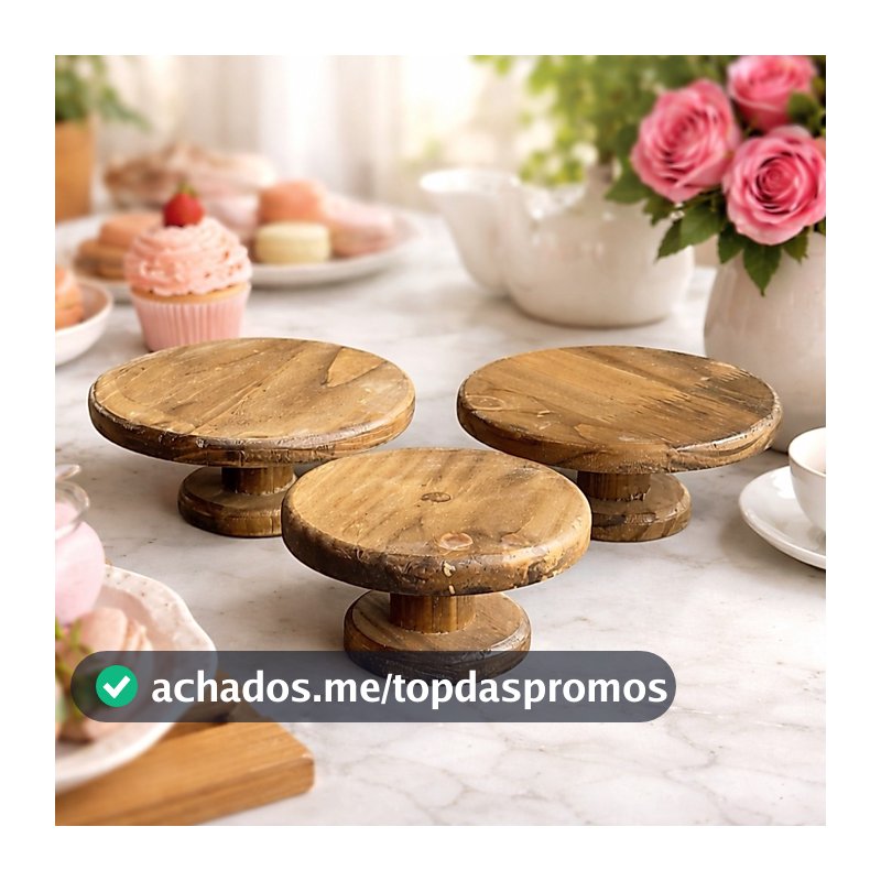 Trio de Boleira Redonda 3 Peças Madeira Pinus Rustica Decoração de Festa