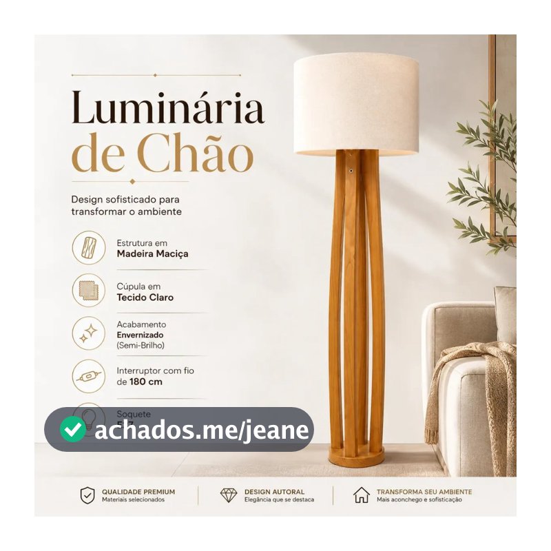 Luminária De Chão Abajur Piso Madeira Cúpula Tecido Sala