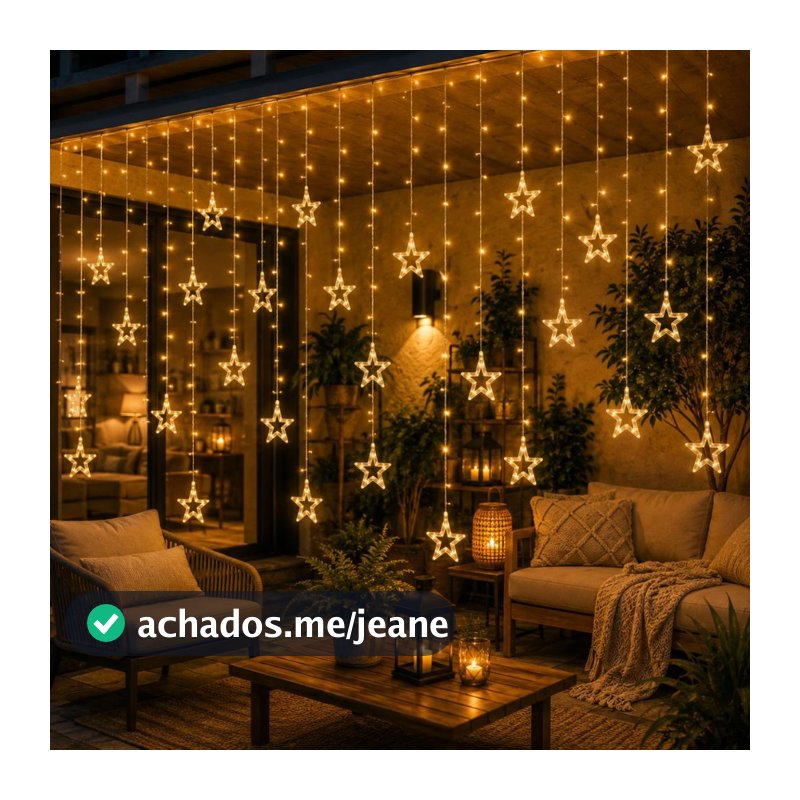 Cascata de Natal Estrelas Bivolt Leds com 8 Funções em cores Branco Quente e Pisca Pisca