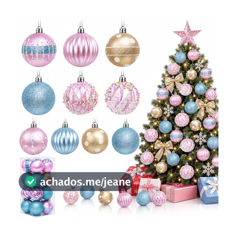 Kit 16 Bolas de Natal 6cm Rosa Azul Dourado Glitter Luxo Enfeites para Árvore Decoração Natalina