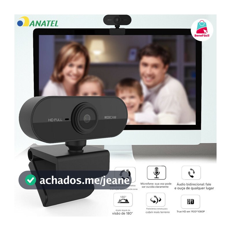 Webcam HD 1080p Microfone 360° Giratória Ajuste Livre para PC Notebook Home Office
